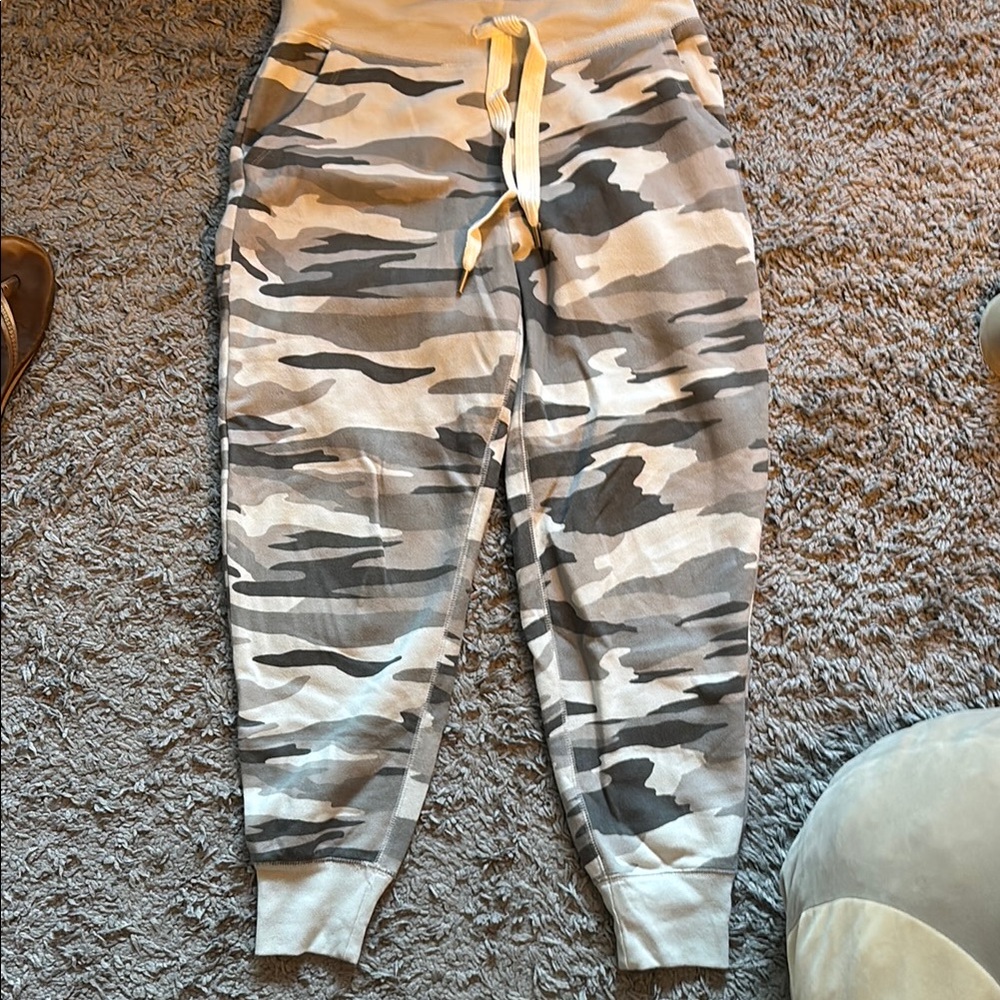 Aerie Gray and Tan Track Pants with Camo Print